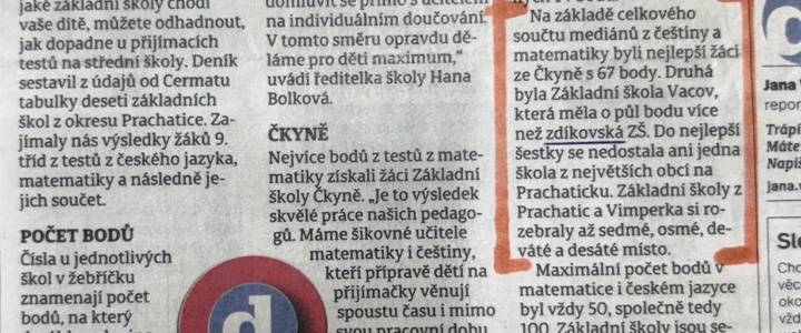 Zdíkovští žáci byli u přijímacích testů třetí nejlepší na Prachaticku