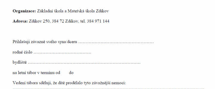 přihláška na Zdíkovský letní tábor 2026