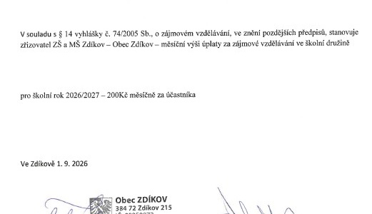 Úplata v ŠD pro školní rok 2026/2027